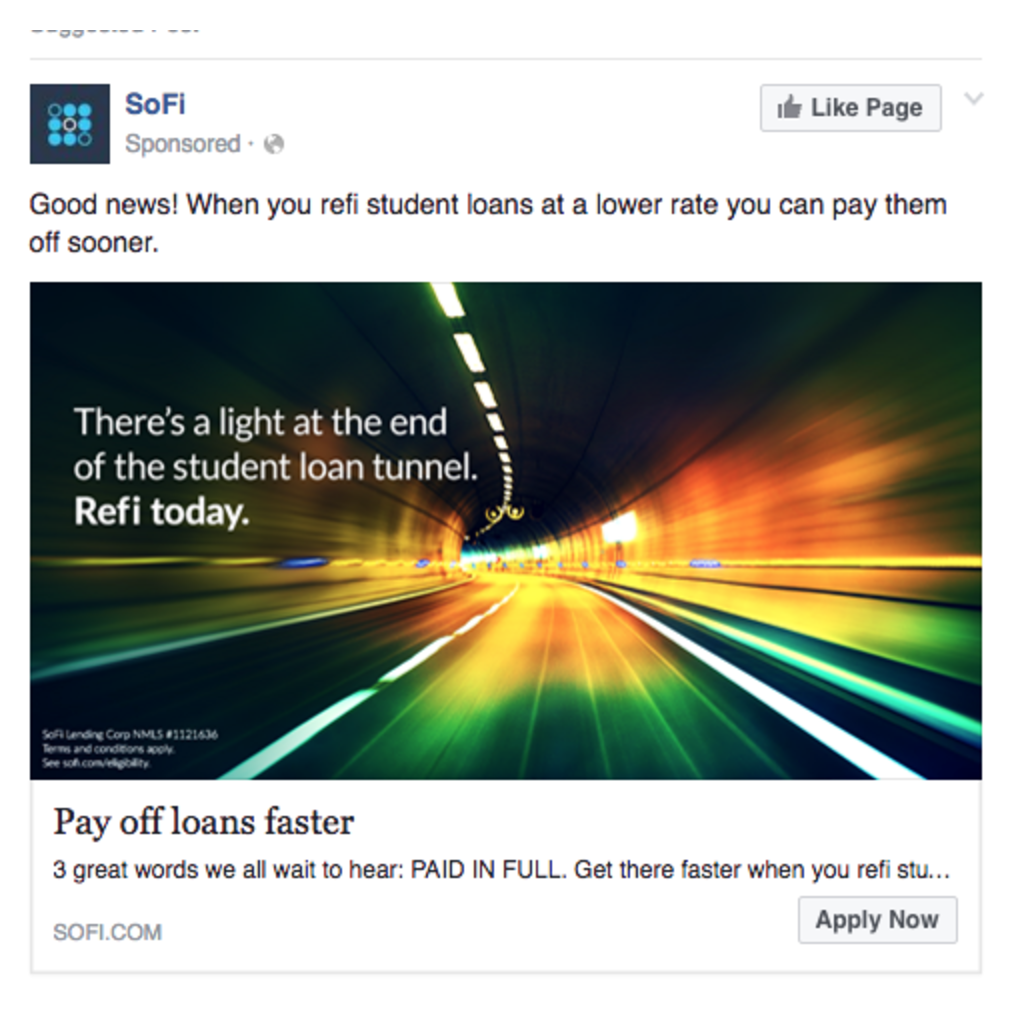 Facebook Ads Sofi Apply Now CTA Example