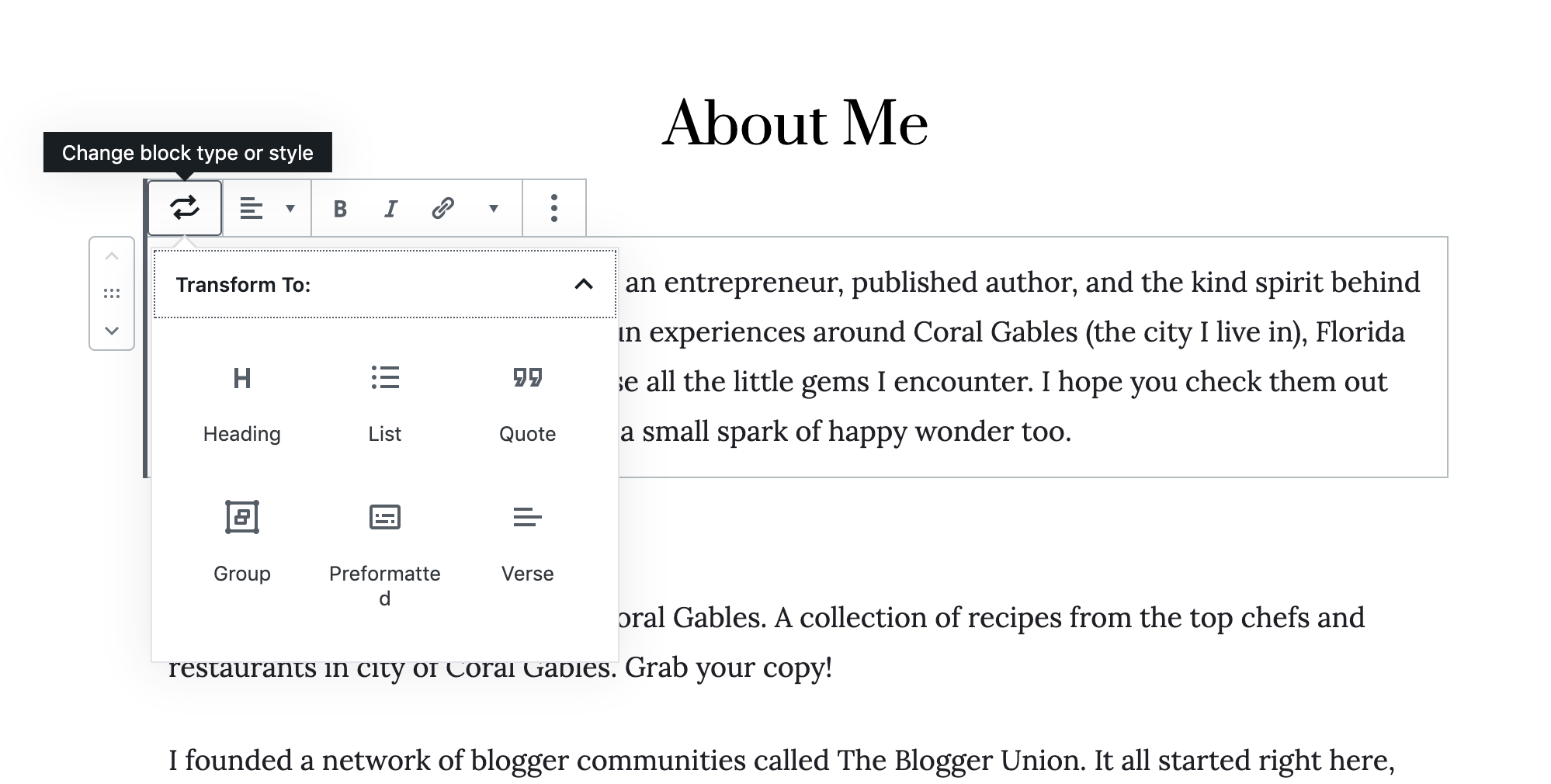 Changing a wordpress block from parragraph to header