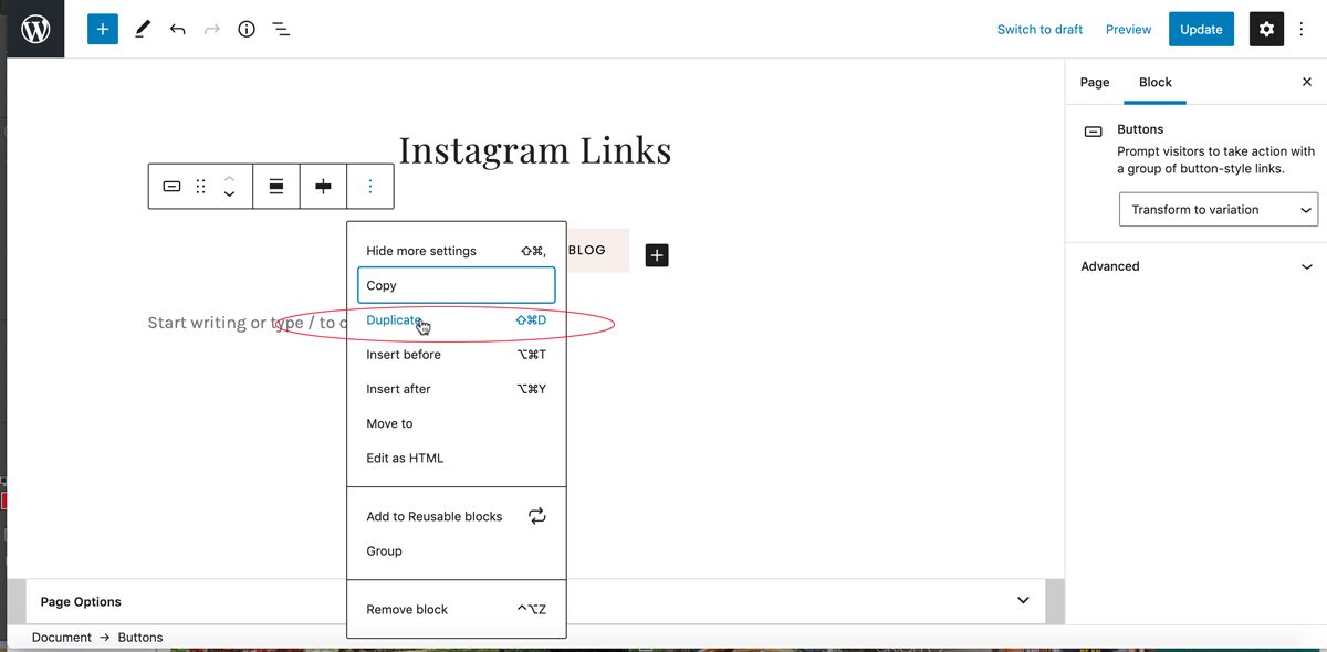 How to create a linktree with WordPress: how to duplicate a block on wordpress